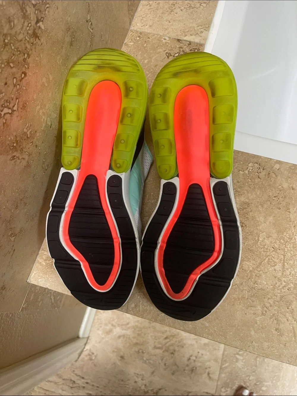 Nike Air270 Athletic Shoes in White with Neon Green & Coral Accents